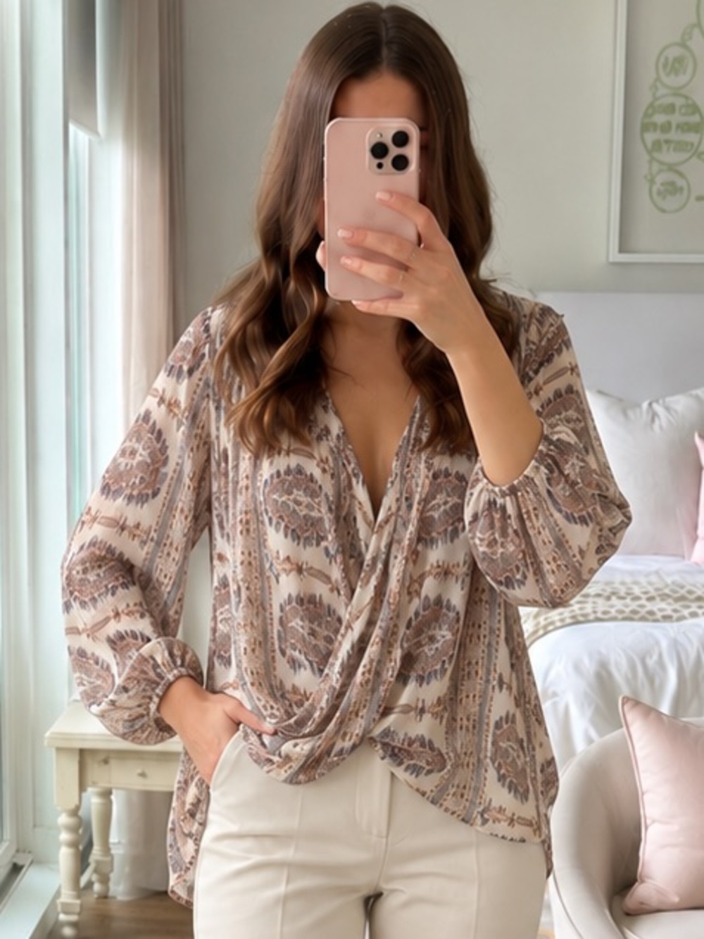 Calypso St. Barth Cream Brown Silk Draped Wrap Blouse XS